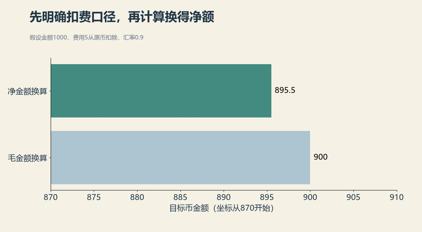 (1000−5)×0.9＝895.5；示例不是Wise报价或所有交易的扣费顺序。